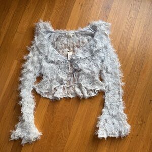 For Love & Lemons Moira Top in blue with fuzzy lace fabric and faux crystals